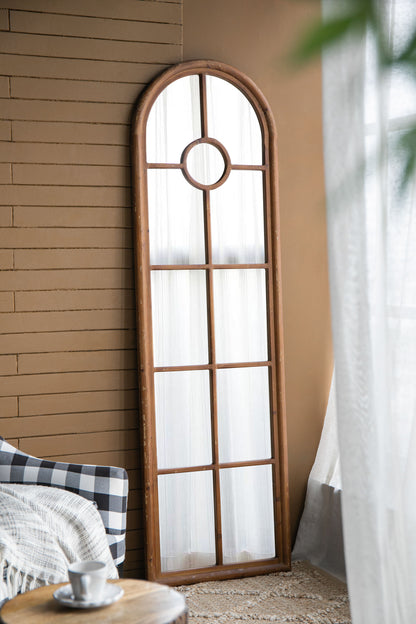 Espejo semicircular alargado con ventana decorativa, estilo arquitectónico clásico, madera maciza de abeto, decoración interior - Marrón
