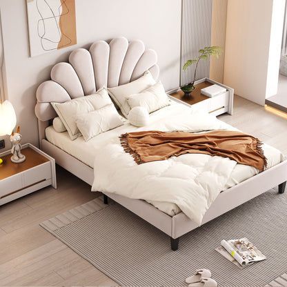 Cama de plataforma tapizada con cabecero de terciopelo con estampado floral