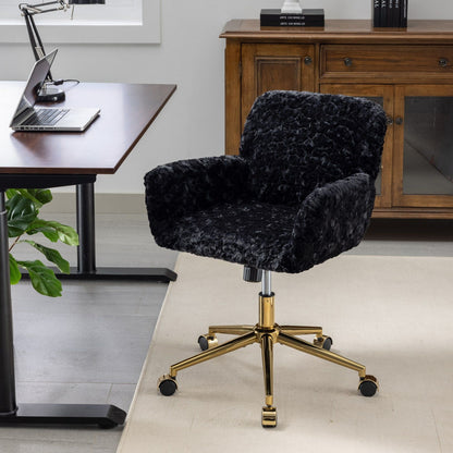 Silla de oficina con pelo artificial de conejo y base de metal dorado, ajustable, giratoria y de tocador.