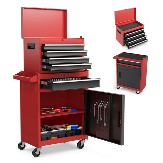 Caja de herramientas con ruedas de 5 cajones, caja superior desmontable, revestimiento, ruedas universales bloqueables, estante ajustable y mecanismo de bloqueo. Carro metálico para taller.