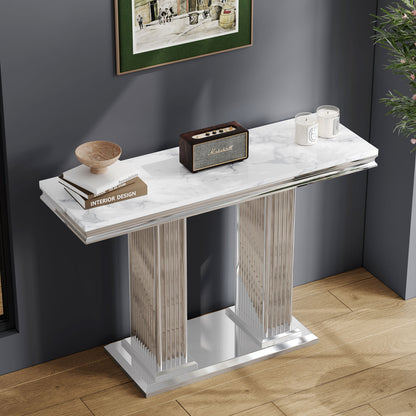Printed Top Rectangular Console Table, Base With Mirrored Finish