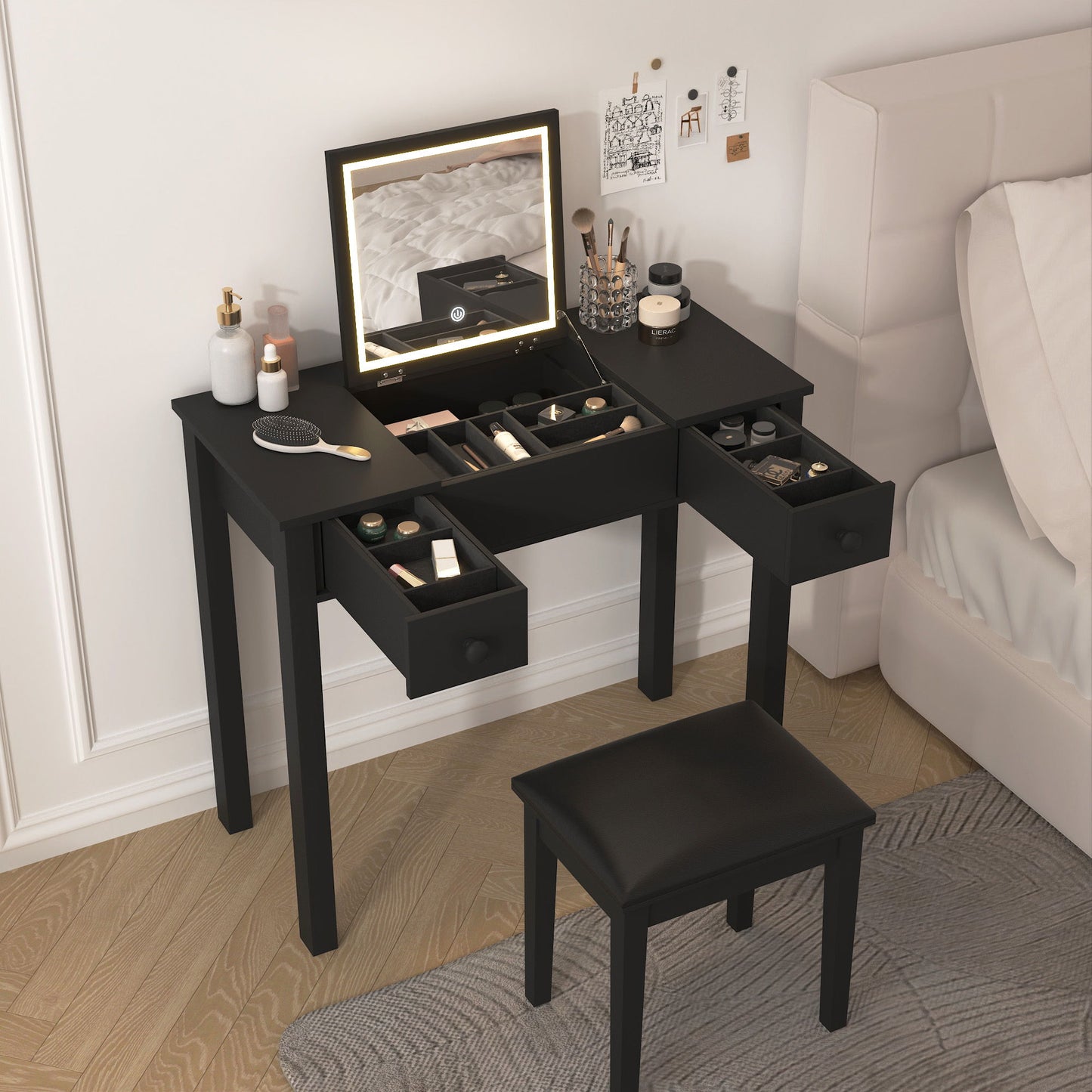 Vanity Table With LED Lights, Flip-Top Mirror And 2 Drawers, Jewelry Storage