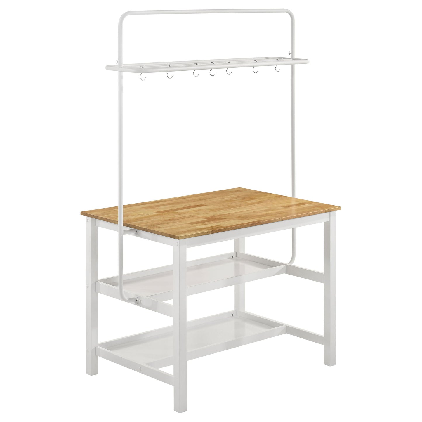 Prager - 3 Piece Kitchen Island Counter Table Set With Overhead Rack And Backless Stools - White