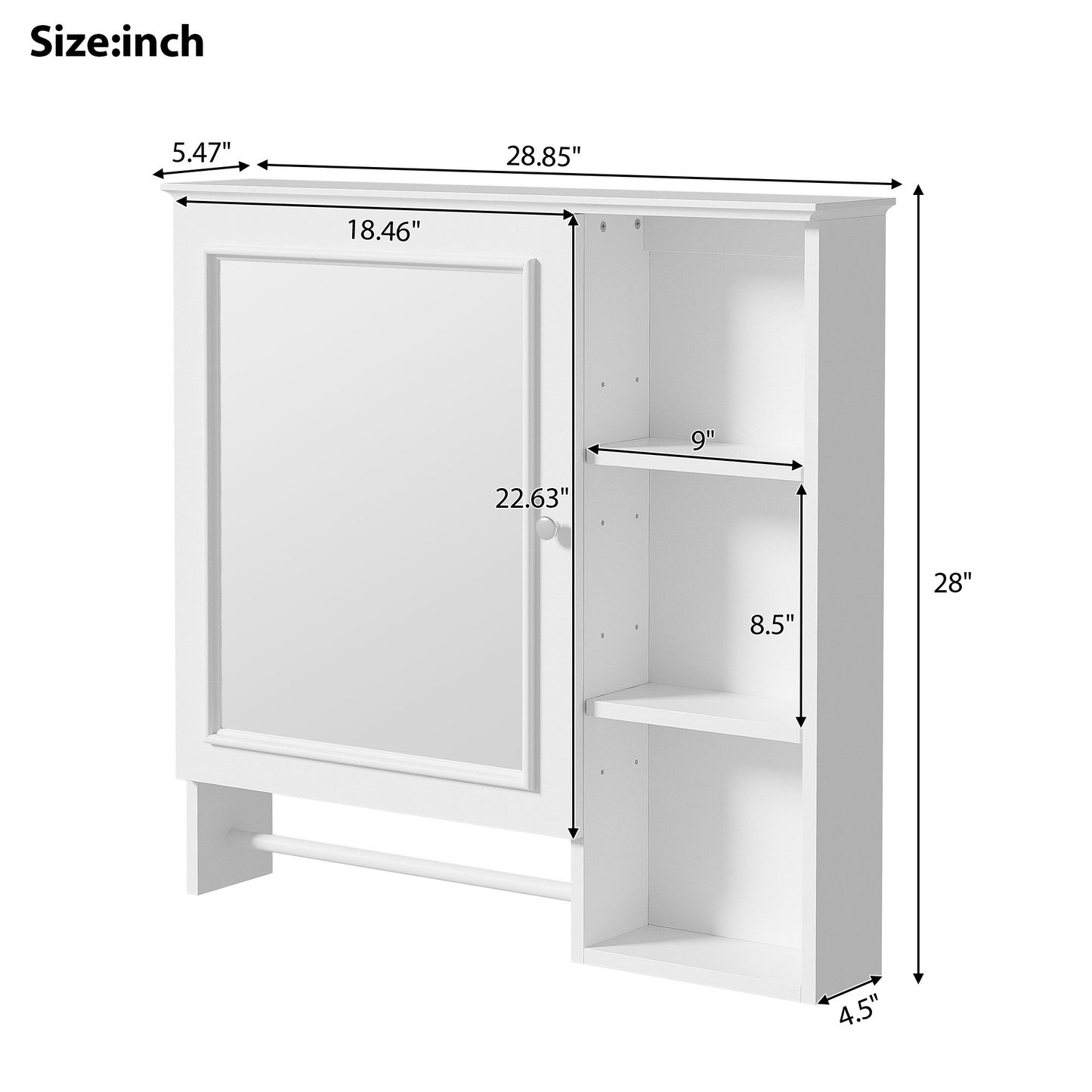 Armario de baño de pared, botiquín con puerta de espejo grande, estantes ajustables y tres niveles de almacenamiento abiertos (no incluye tocador).