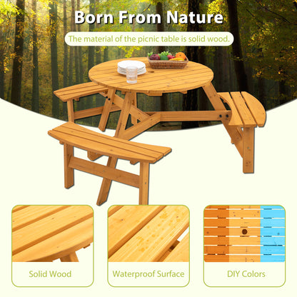 Mesa de picnic circular de madera para exteriores, para 6 personas, ideal para patio, jardín o terraza, con 3 bancos integrados, capacidad de 800 kg.