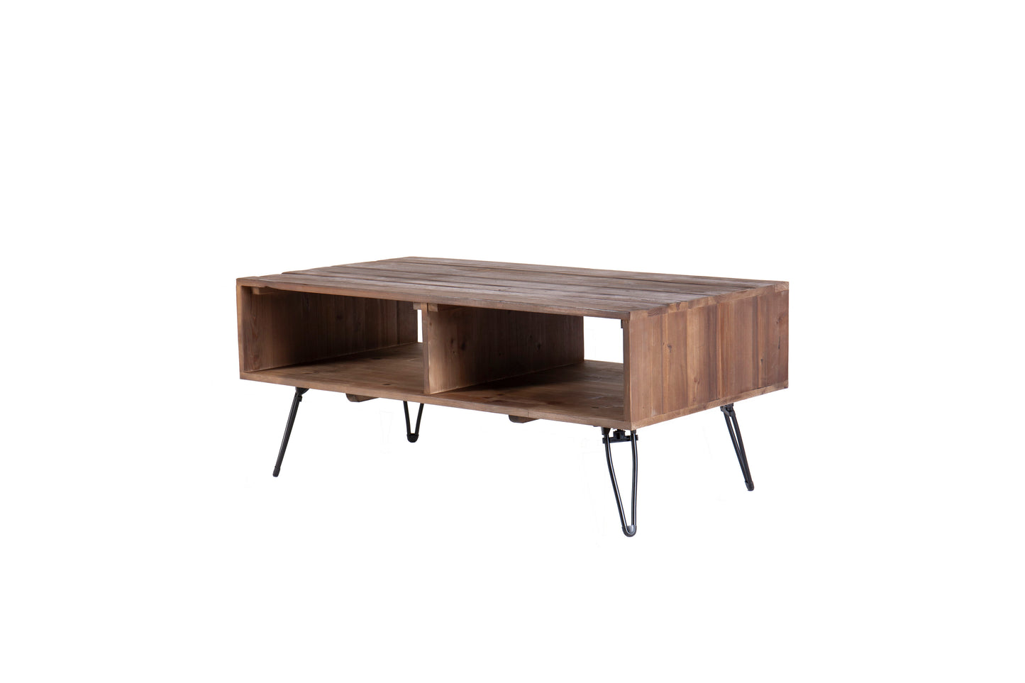 Mesa de centro de madera recuperada con espacio de almacenamiento abierto para salón, patas de metal, plegable - Negro/Natural