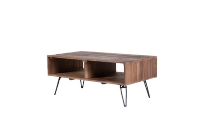 Mesa de centro de madera recuperada con espacio de almacenamiento abierto para salón, patas de metal, plegable - Negro/Natural