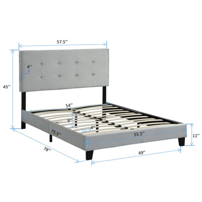 Full Size Upholstered Platform Bed Frame With Tufted Headboard, Strong Wood Slat Support - Gray
