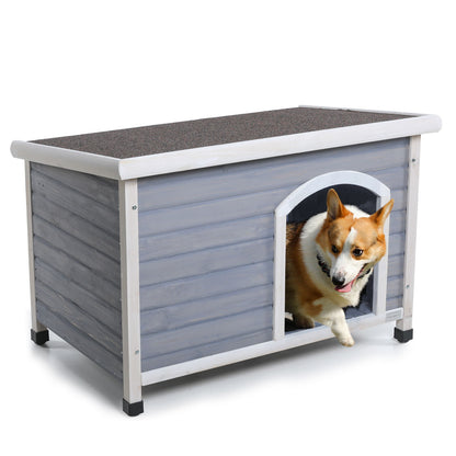 Caseta para perro de madera mediana para exterior, techo impermeable, suelo elevado y patas de plástico ajustables.