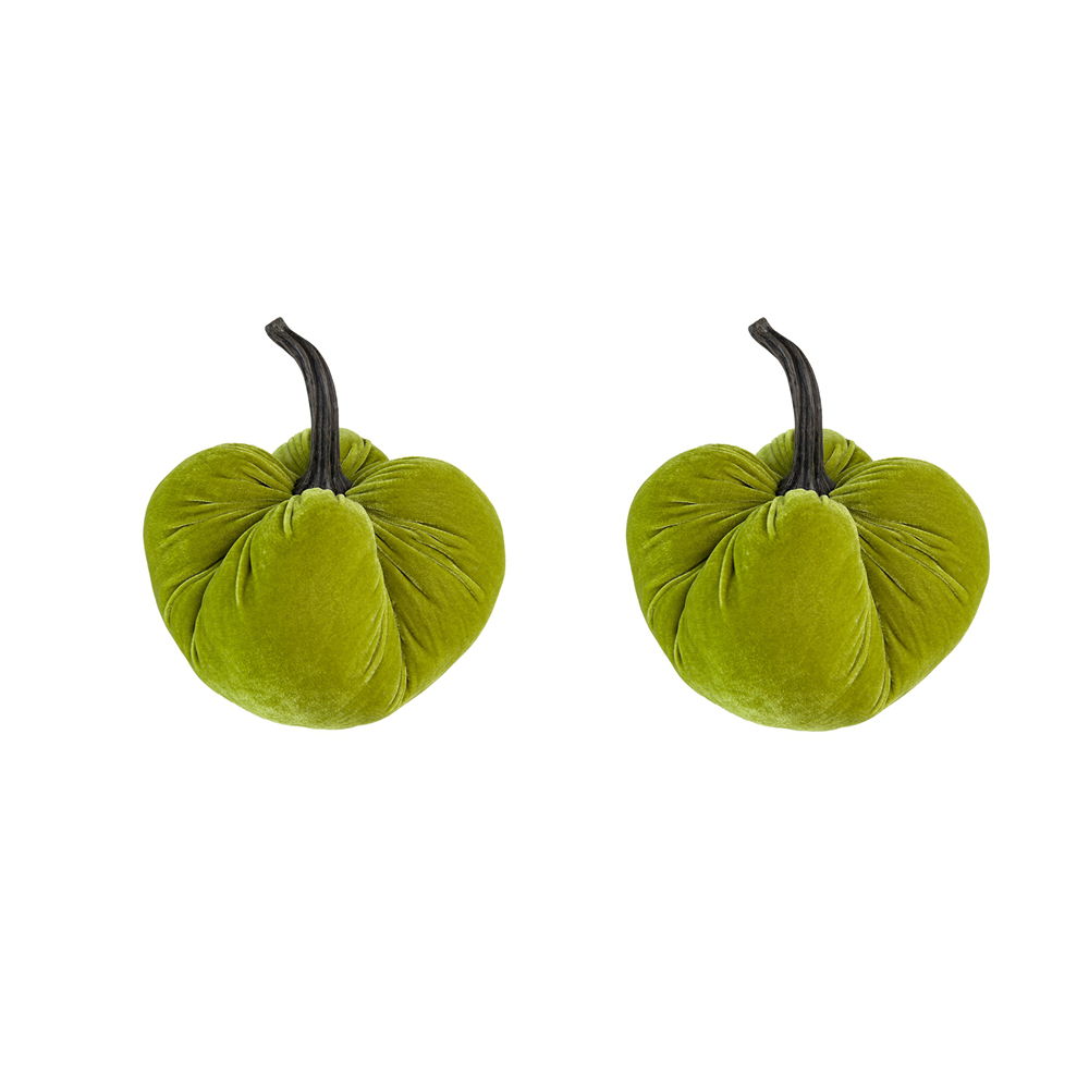 Calabaza de terciopelo con tallo de resina, adorno de manzana, ideal para el Festival de la Cosecha, el Festival de Otoño y el Día de Acción de Gracias (juego de 2) - Verde