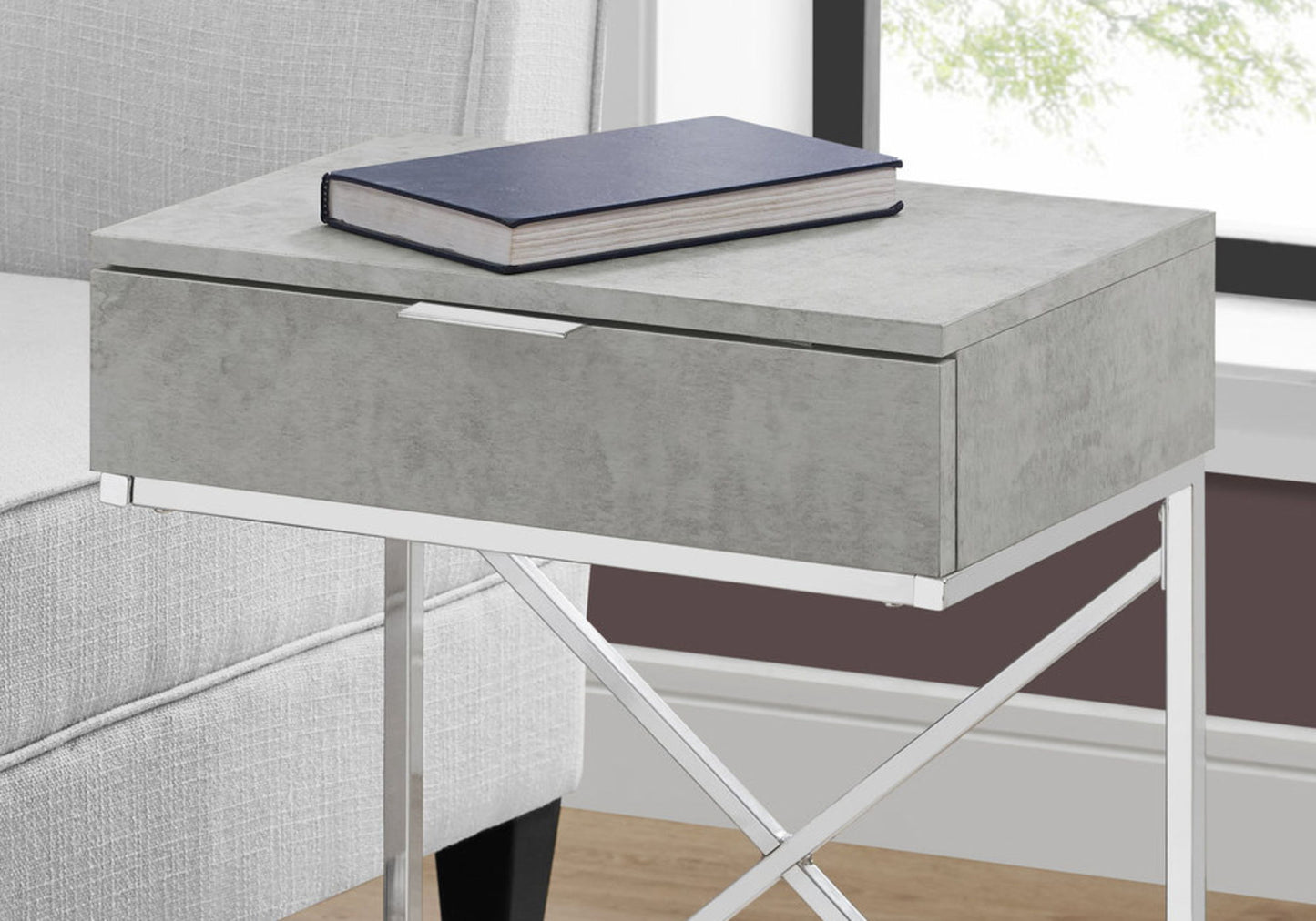 Mesa auxiliar con cajón, amplia superficie, contemporánea y moderna.