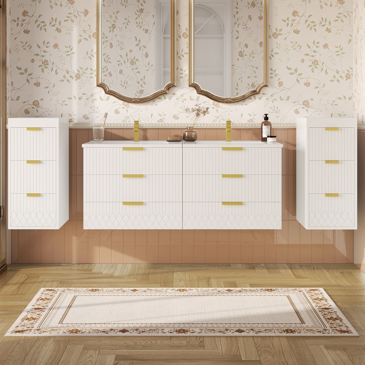 Modern Floating Bathroom Cabinet With Basin Sink And Side Storage, Rectangular Vanity