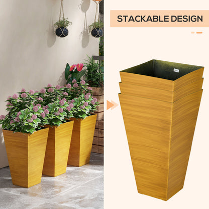 Outsunny - Macetas de exterior (juego de 3) Macetas cónicas grandes con orificios de drenaje y tapón, macetas de plástico imitación madera para exterior, interior, jardín y patio.