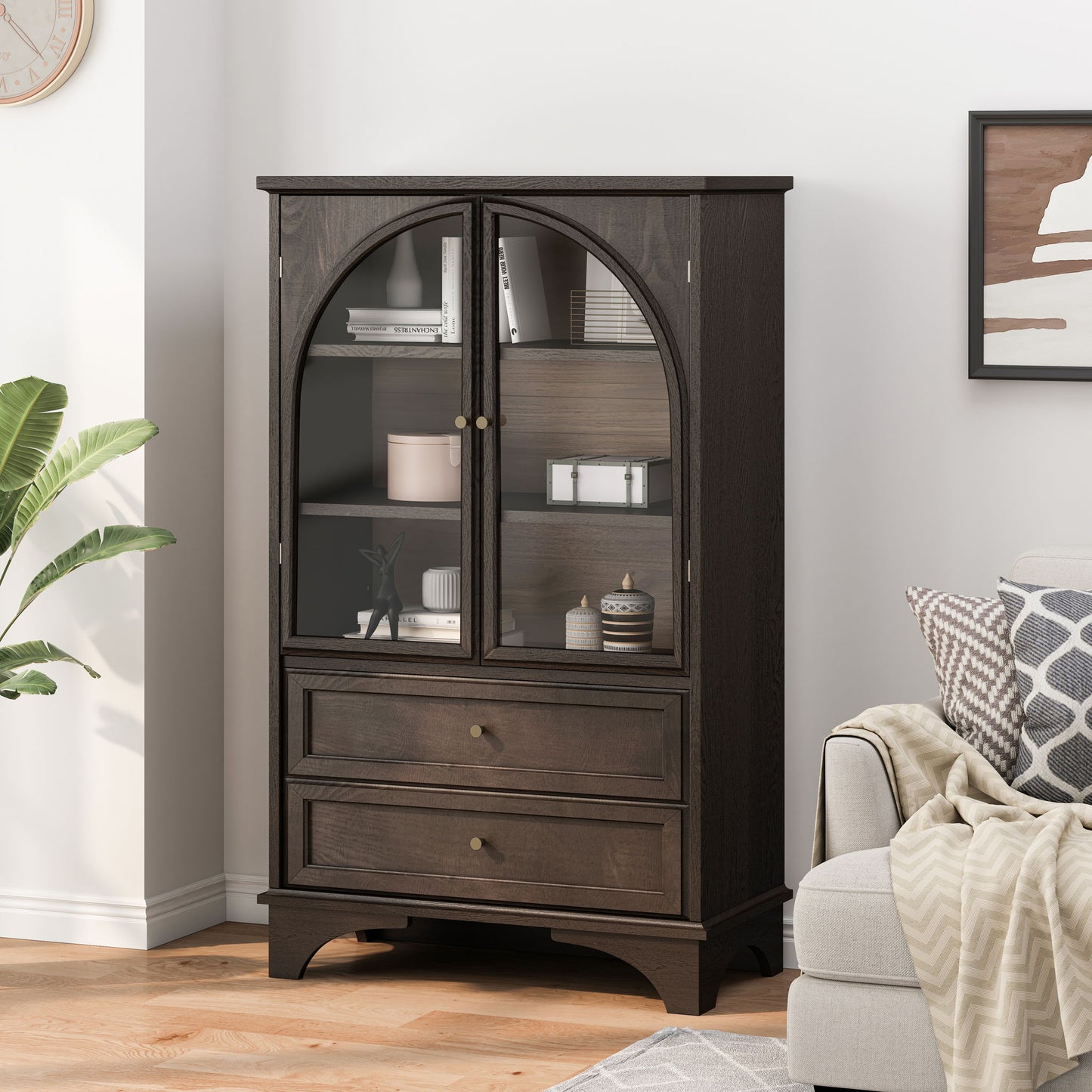 Glass Door Display Case With 2 Drawers And Adjustable Shelf