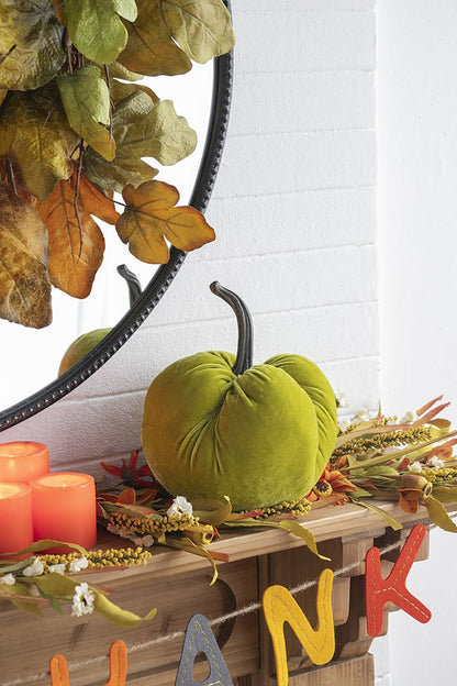 Calabaza de terciopelo con tallo de resina, adorno de manzana, ideal para el Festival de la Cosecha, el Festival de Otoño y el Día de Acción de Gracias (juego de 2) - Verde