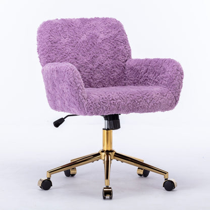 Silla de oficina con pelo artificial de conejo y base de metal dorado, ajustable, giratoria y de tocador.