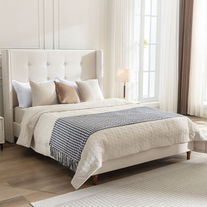 Peyton - Cama tapizada con cabecera de 137 cm de alto y capitoné tradicional abotonado a mano