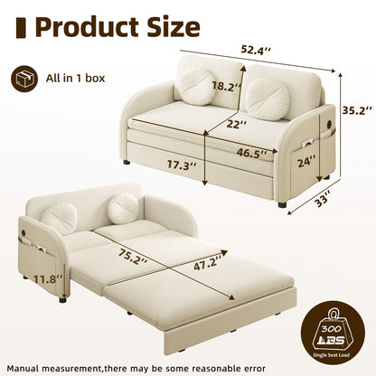 Upholstered Pull Out Couch With Side Pocket & USB Port