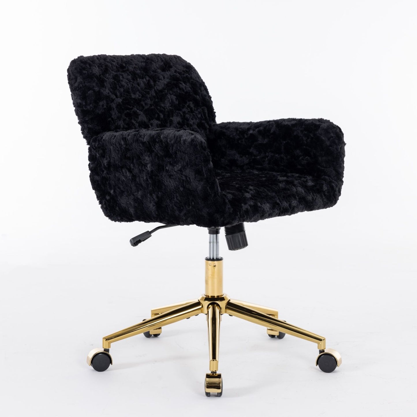 Silla de oficina con pelo artificial de conejo y base de metal dorado, ajustable, giratoria y de tocador.