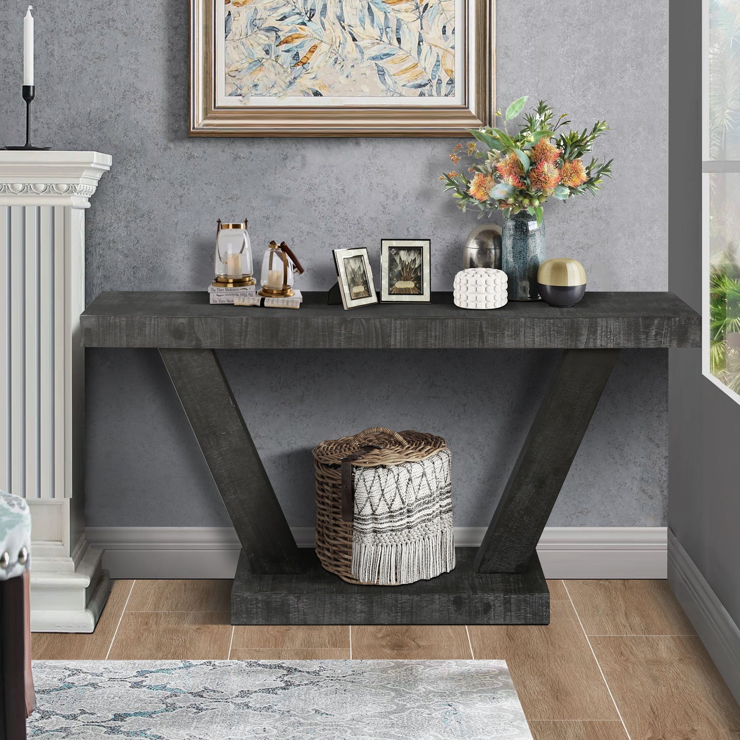 Vintage Distressed Wood Entryway Bench With 2 Tier Storage Cabinet