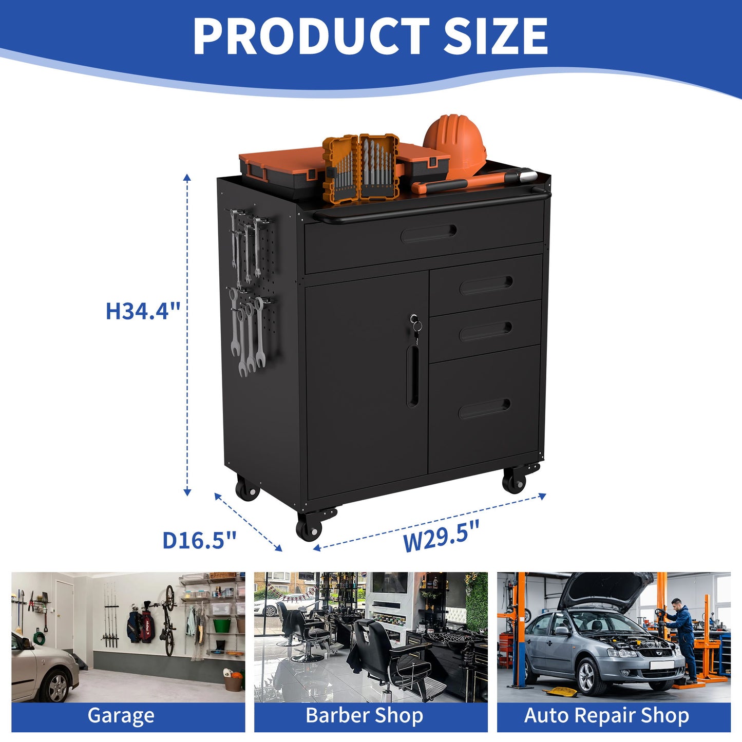 Rolling Tool Cabinet Heavy Duty Garage Storage With Lockable Doors & Drawers