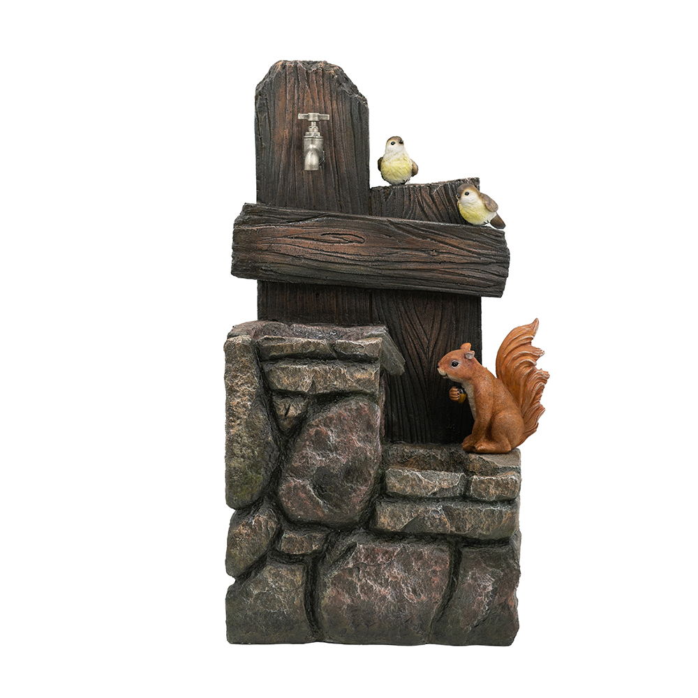 Fuente decorativa de dos niveles con diseño de animales del bosque, fuente exterior con luz y bomba - Multicolor