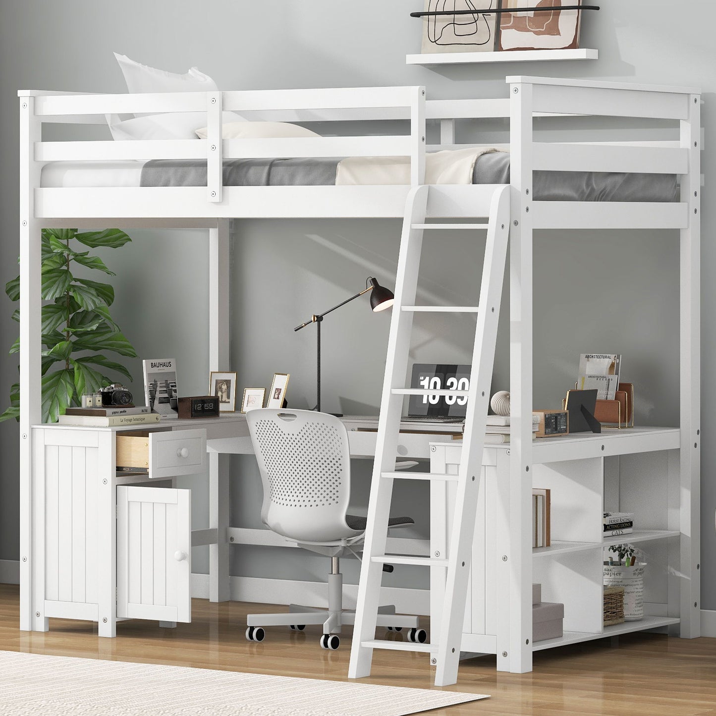 Loft Bed With U Shaped Desk, Drawers, And Storage Shelves