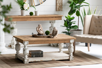 Mesa de centro rectangular de madera, estilo rústico francés, marrón/blanco antiguo