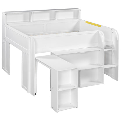 Loft Bed With Built-In Desk, LED Lighting, And Multiple Storage Shelves