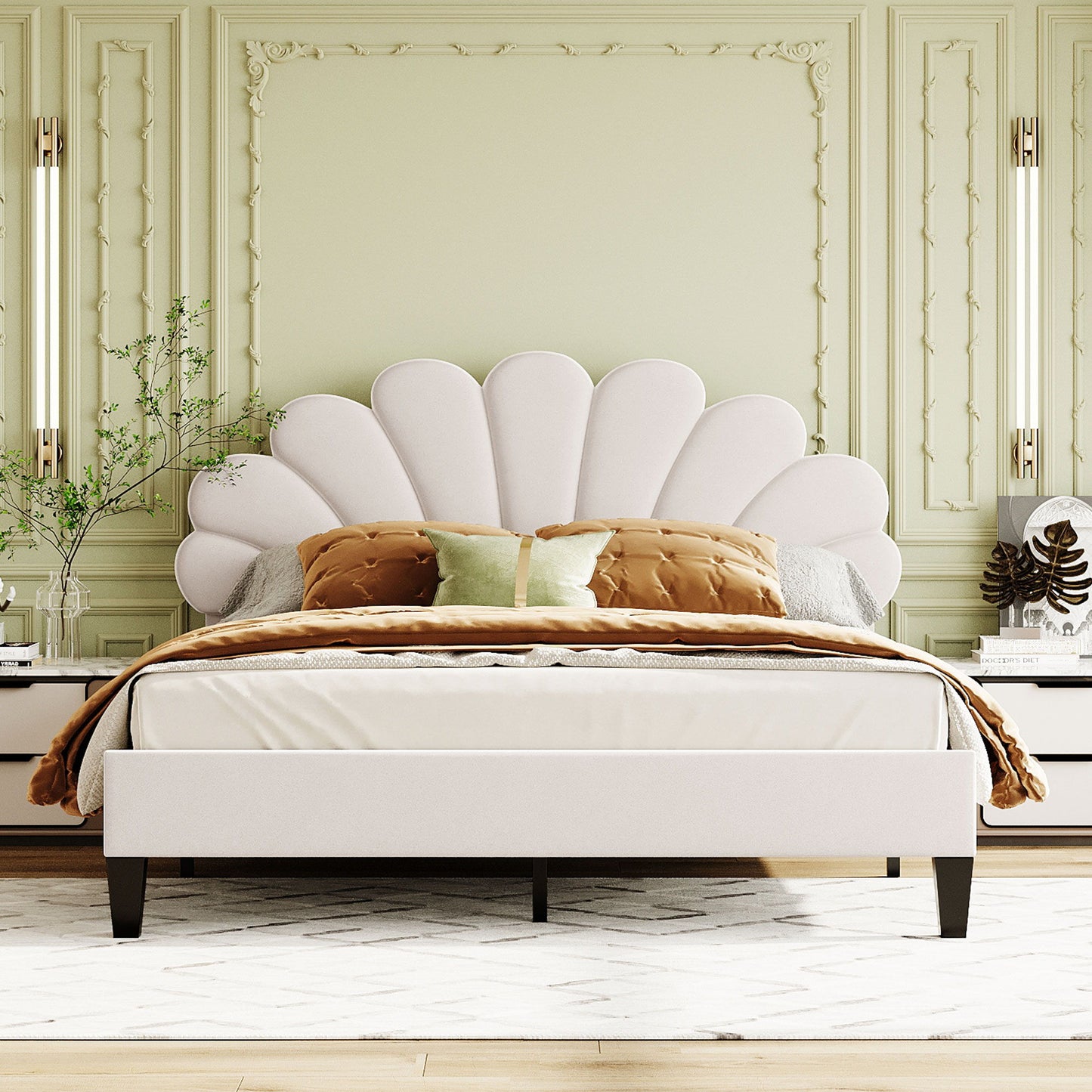 Cama de plataforma tapizada con cabecero de terciopelo con estampado floral