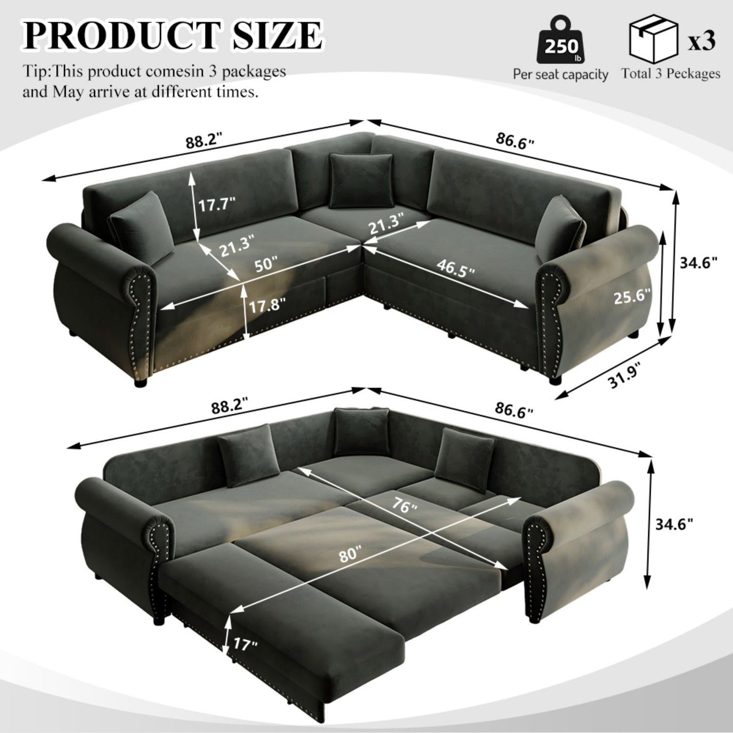 L-Shaped Sofa Couch With Pull-Out Bed