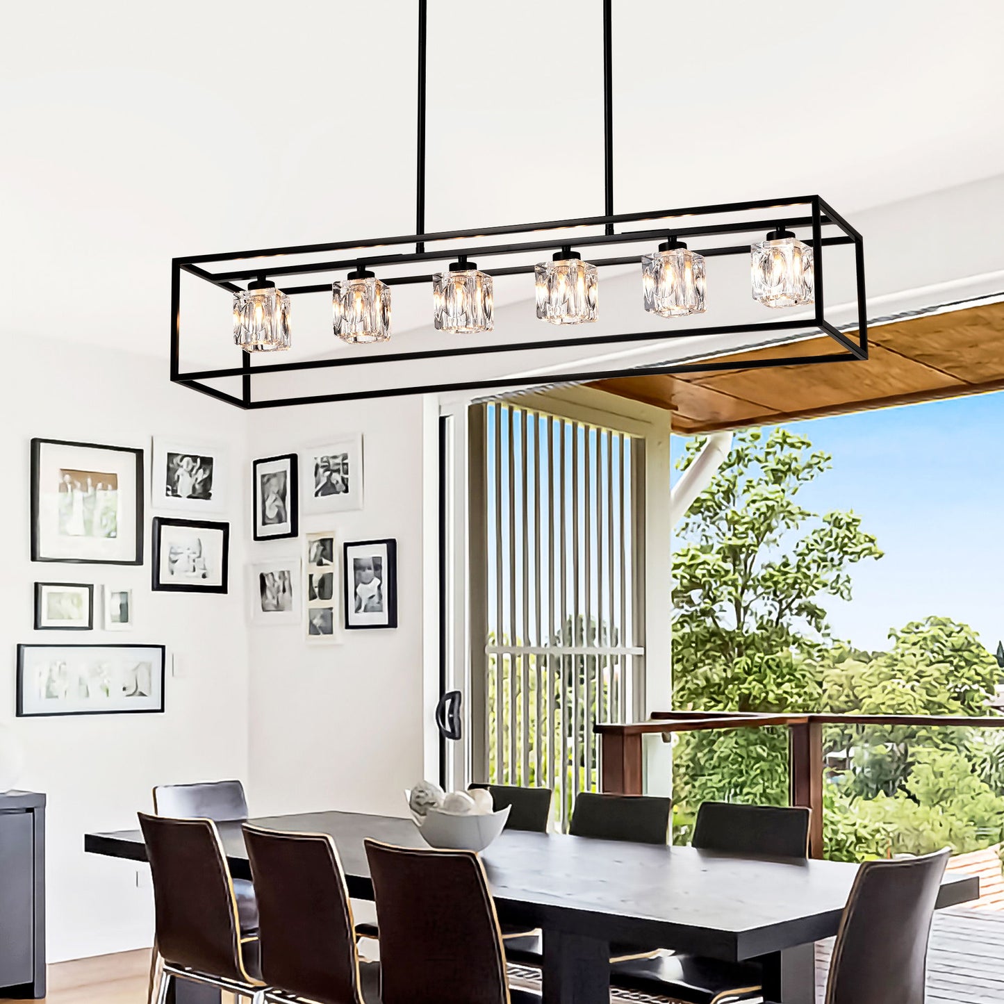 Lámpara colgante de estilo rústico de 6 luces, moderna lámpara colgante industrial lineal rectangular de cristal con forma de jaula para comedor, isla de cocina, bar, mesa larga, incluye 6 bombillas G9 - Negro mate