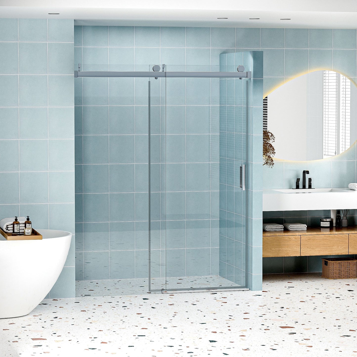 Frameless Soft-Closing Shower Door, 1/4" (6 Mm) Tempered Glass Single Sliding With Explosion Proof Coating