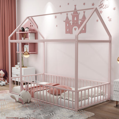 Cama de metal con estructura de cama y valla