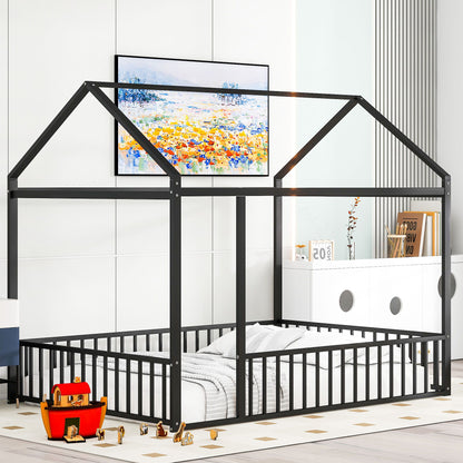 Cama de metal con estructura de cama y valla