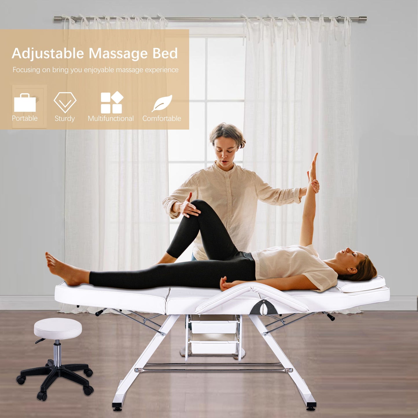 Sillón de masajes para tatuajes de 183 cm con dos bandejas, camilla de esteticista con taburete hidráulico, mesa facial multiusos de 3 secciones, equipo de belleza ajustable para barbería, spa y belleza.