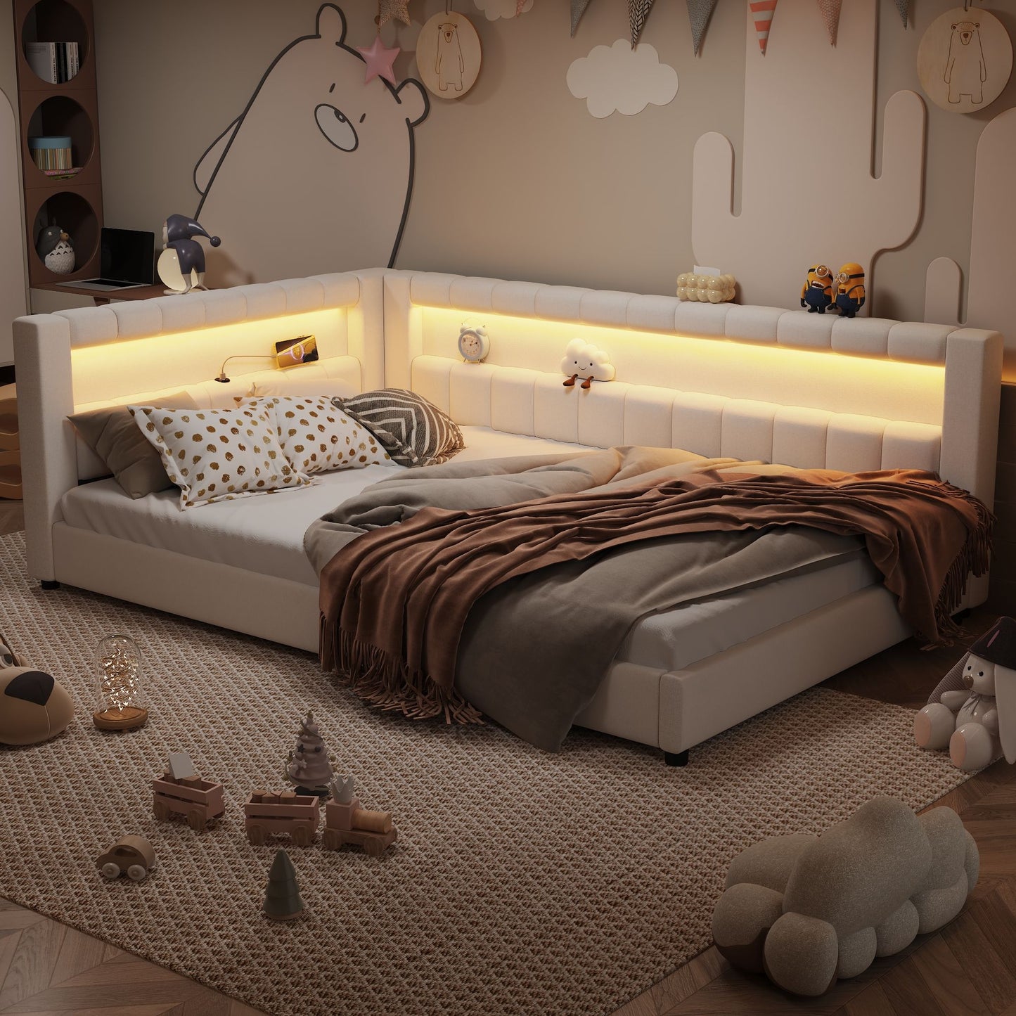 Upholstered Platform Bed With LED Belt And USB Ports