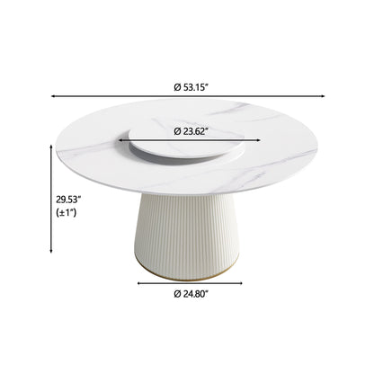Modern Artificial Stone Round Plywood Base Dining Table, Can Accommodate 6 People, Artificial Stone Turntable (Not Including Chairs) - White / Beige