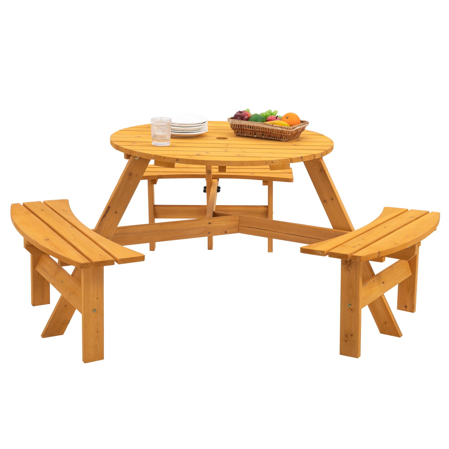 Mesa de picnic circular de madera para exteriores, para 6 personas, ideal para patio, jardín o terraza, con 3 bancos integrados, capacidad de 800 kg.
