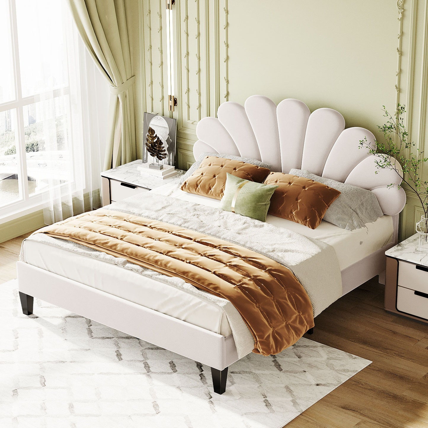 Cama de plataforma tapizada con cabecero de terciopelo con estampado floral