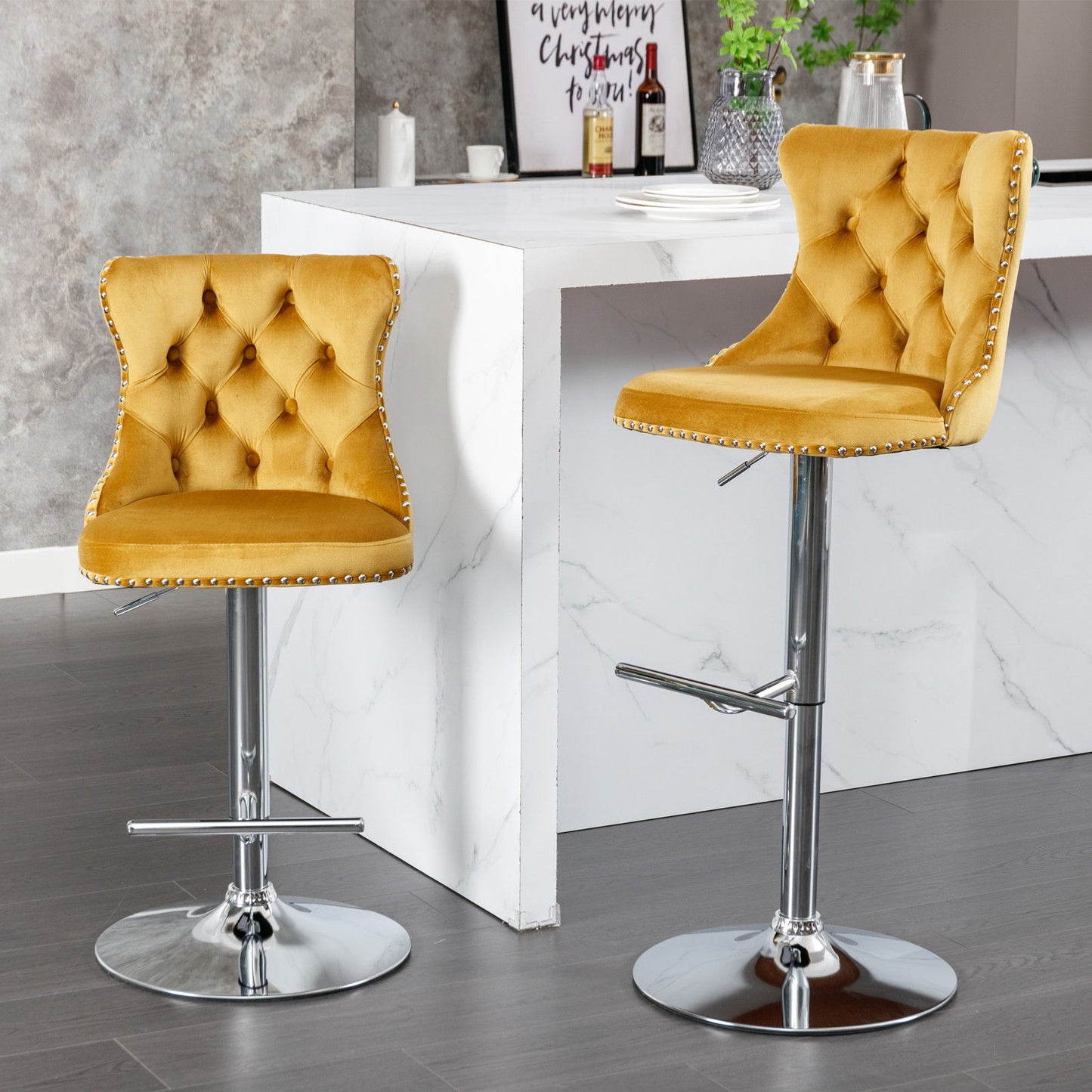 Taburetes giratorios de terciopelo con altura de asiento ajustable de 63 a 84 cm. Modernos taburetes de bar con base cromada y tapizados, cómodos y capitoné para el hogar, el pub y la isla de cocina (juego de 2).