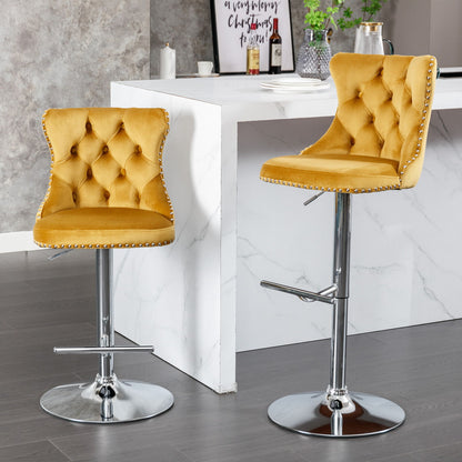 Taburetes giratorios de terciopelo con altura de asiento ajustable de 63 a 84 cm. Modernos taburetes de bar con base cromada y tapizados, cómodos y capitoné para el hogar, el pub y la isla de cocina (juego de 2).