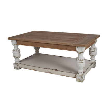 Mesa de centro rectangular de madera, estilo rústico francés, marrón/blanco antiguo