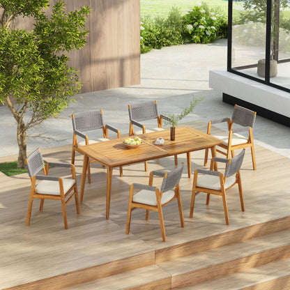 Outdoor 7 Piece Dining Set With Rope Woven Armchairs