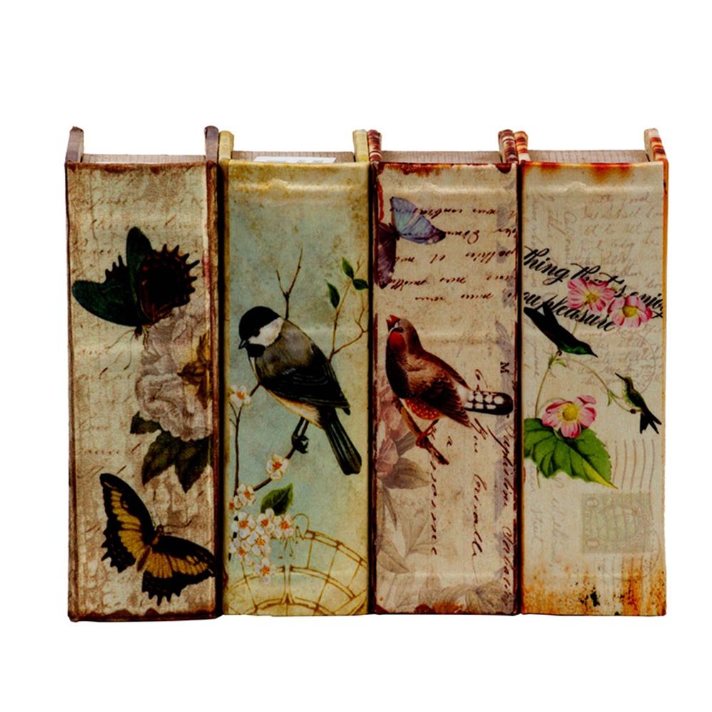Cajas de libros con diseño de pájaros, flores y escritura a mano (juego de 4) - Multicolor