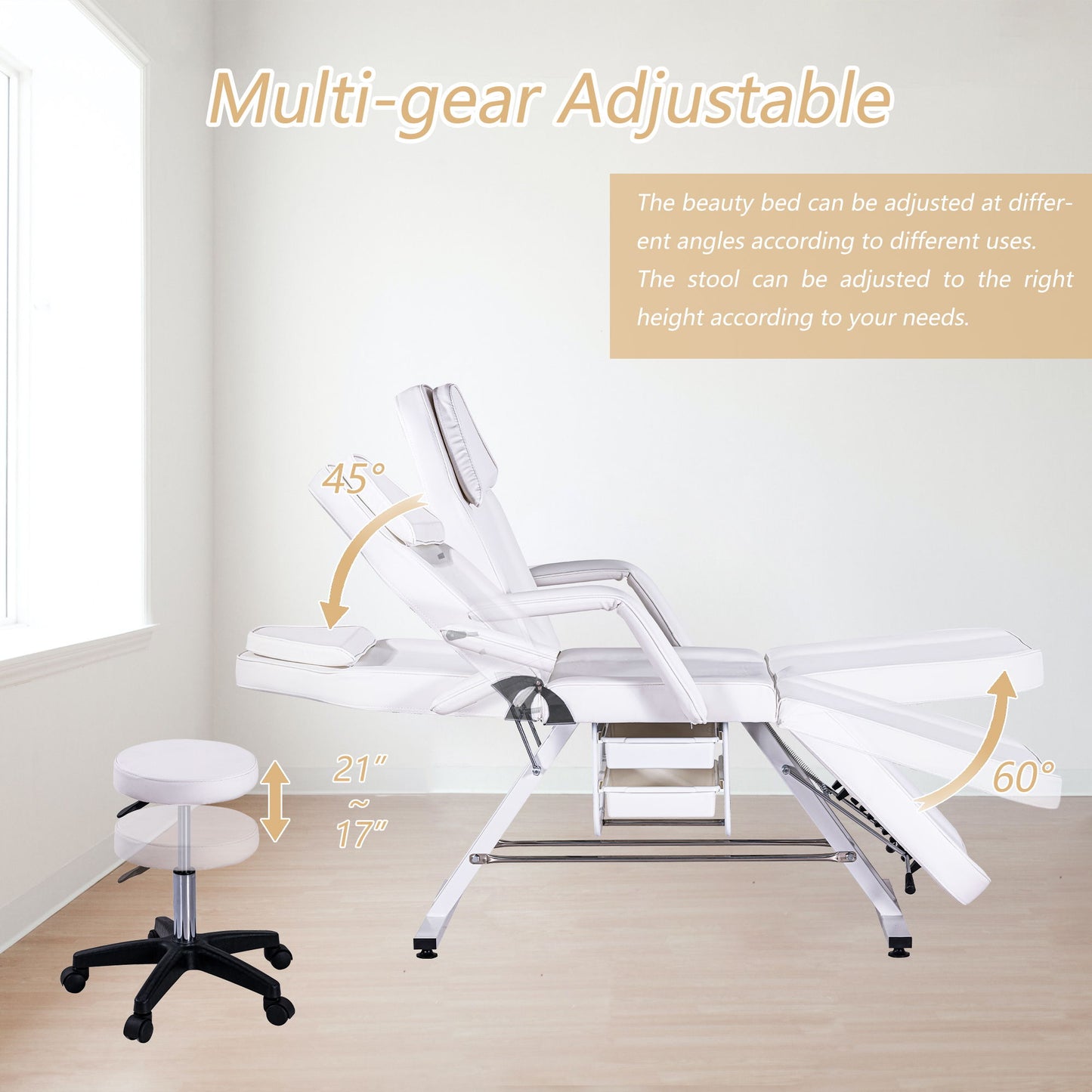 Sillón de masajes para tatuajes de 183 cm con dos bandejas, camilla de esteticista con taburete hidráulico, mesa facial multiusos de 3 secciones, equipo de belleza ajustable para barbería, spa y belleza.