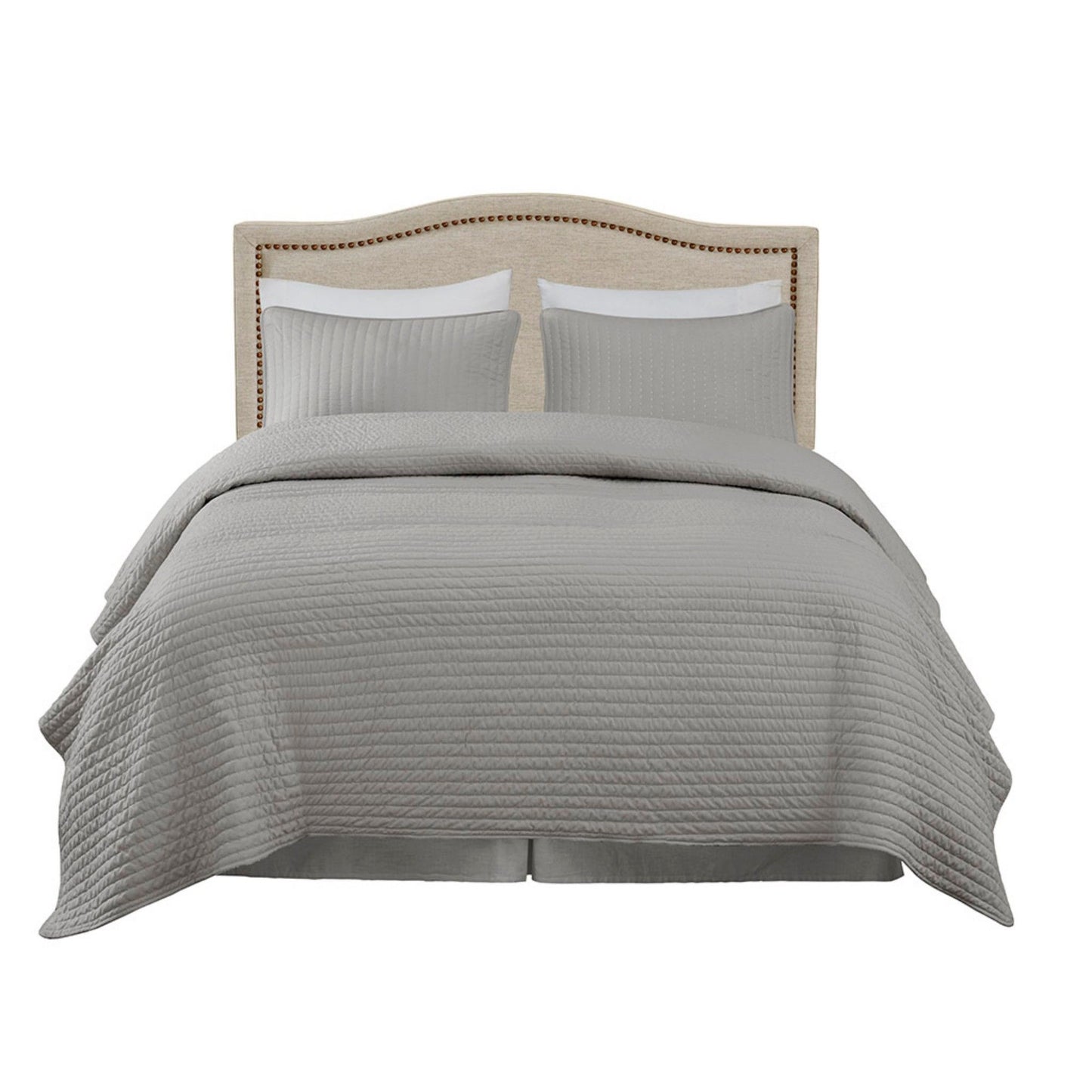 Elegant Panel Headboard With Copper Nailheads And Adjustable Metal Legs
