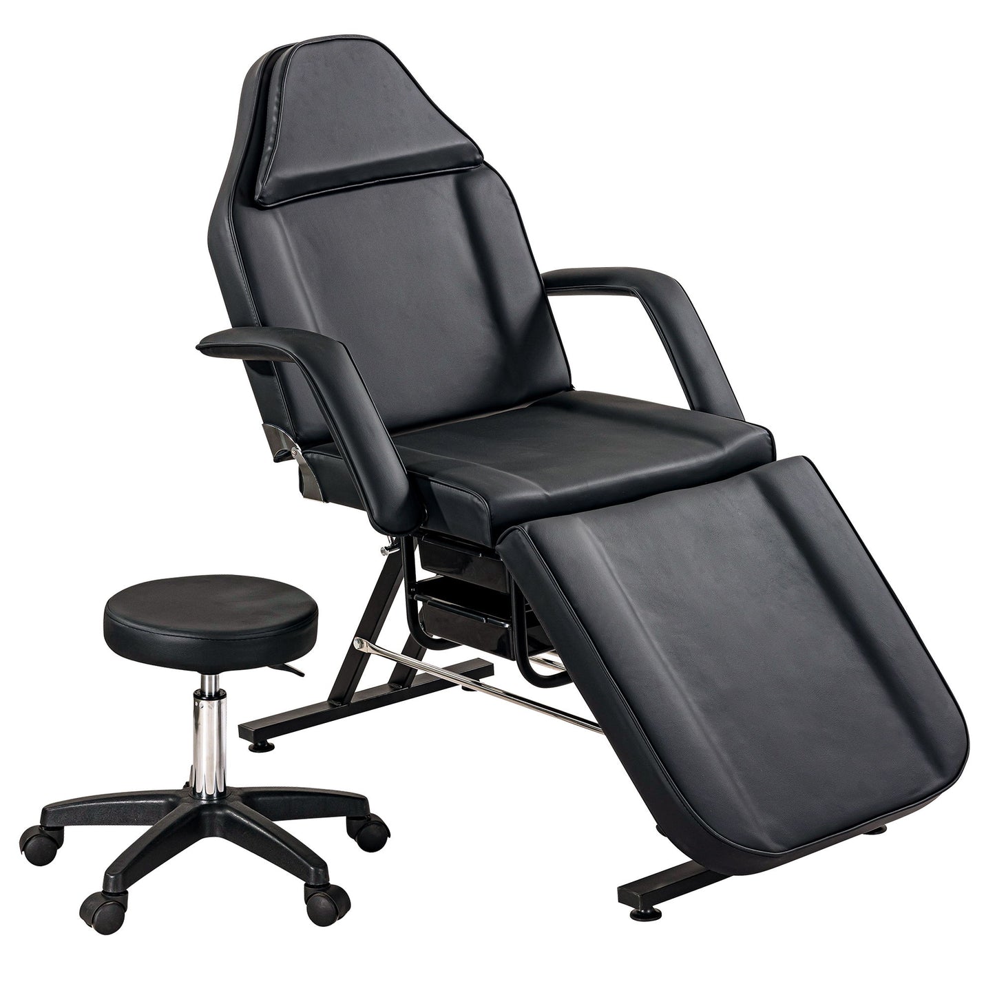 Sillón de masajes para tatuajes de 183 cm con dos bandejas, camilla de esteticista con taburete hidráulico, mesa facial multiusos de 3 secciones, equipo de belleza ajustable para barbería, spa y belleza.