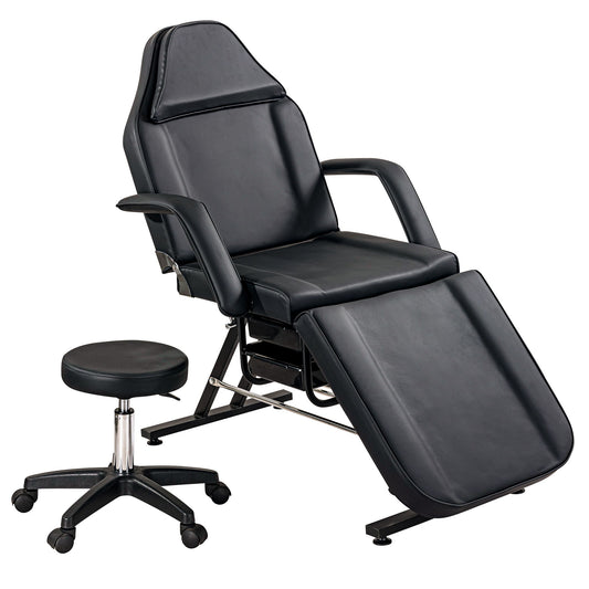 Sillón de masajes para tatuajes de 183 cm con dos bandejas, camilla de esteticista con taburete hidráulico, mesa facial multiusos de 3 secciones, equipo de belleza ajustable para barbería, spa y belleza.
