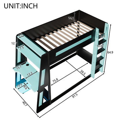 Gaming Bunk Bed With Desk, 2 Storage Shelves, USB And LED Light